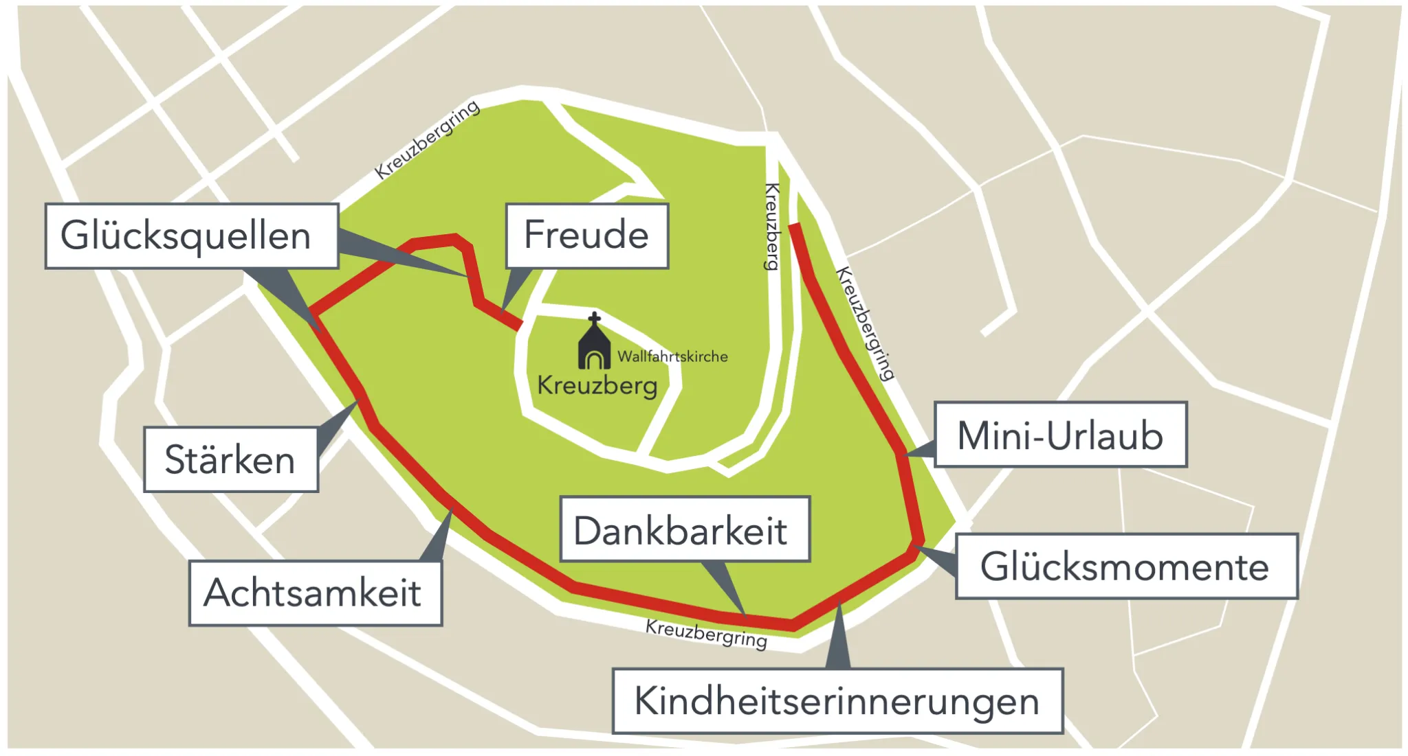 Übersichtskarte des Wegs der Inspiration mit den acht Stationen am Kreuzberg
